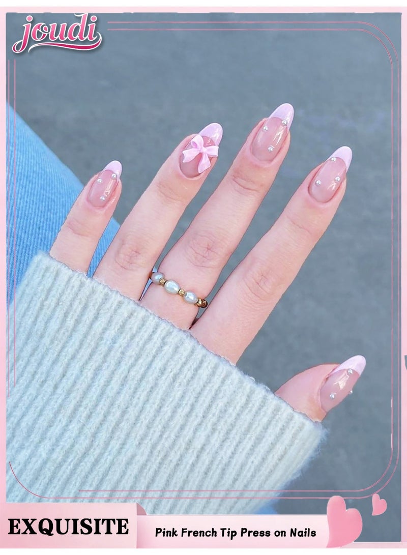 Joudi 24 Pcs Pink French Tip Press on Nails Short Fake Nails Almond Shape False Nails Reusable Acrylic Nails Press ons Cute Pearl Bow Nails Design Handmade Nails Full Cover Glue-Free on Nails for Women - Image 1